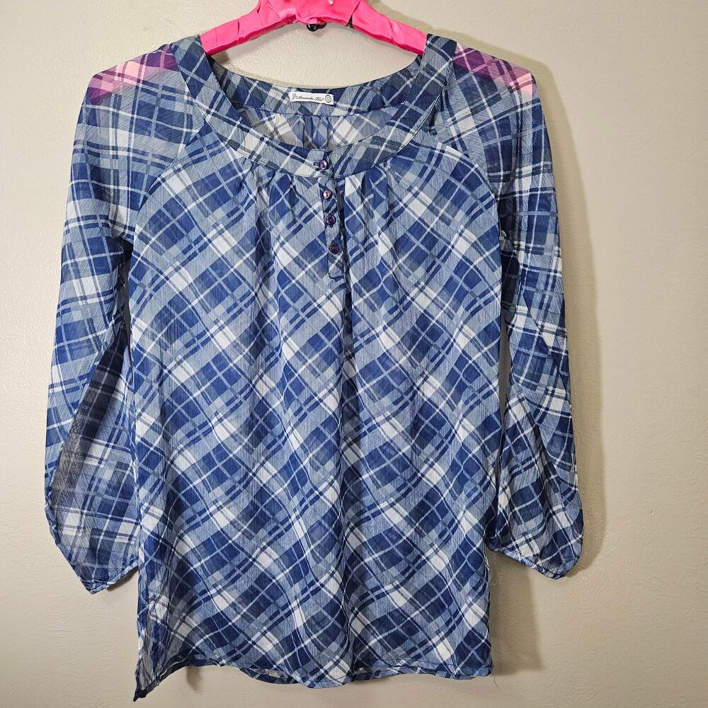 Amanda Blu Sheer Blue Plaid Long Sleeve Tunic Blouse S Classic Preppy Normcore